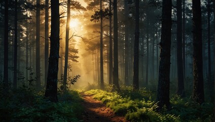 photo of a dense forest on a foggy morning made by AI generative