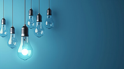 A row of hanging light bulbs with one illuminated, symbolizing ideas and innovation, against a blue background and copy space for text