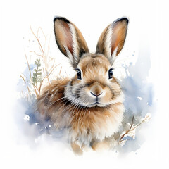 rabbit in the snow watercolour white background 