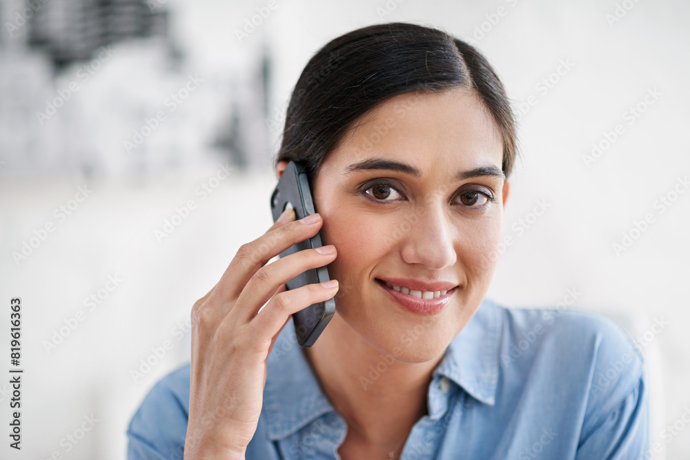 Poster businesswoman, phone call and happy with communication in office for networking, conversation and ch