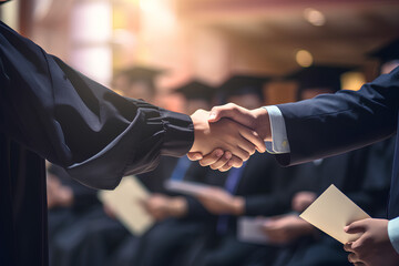 Asian Graduation meeting ceremony student handshake with Dean on Auditorium stage receiving certificate