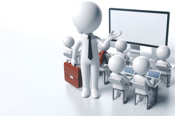 A teacher standing against the background of students and a blank blackboard. Space for text.