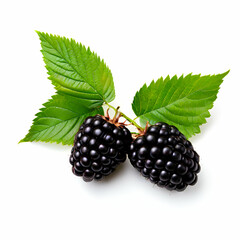 ripe blackberries with green leaves isolated on white,Fresh blackberries with vibrant green leaves isolated on a white background, showcasing natural gloss and ripeness.,generate ai
