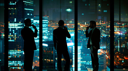 Silhouette of three people standing with their backs to the camera, looking out at a nighttime cityscape