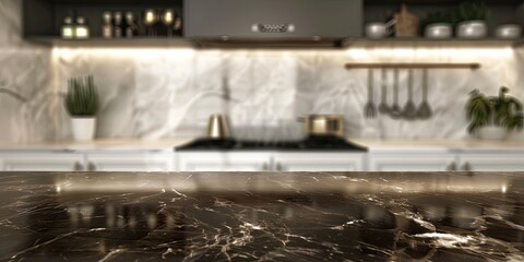 Focused view of a dark marble table with a blurred modern kitchen background, highlighting the sleek design and luxurious feel of the interior for product display