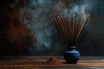 Cinematic photo of sticks for the room diff iPhones in an elegant vase with brown background, filled with smoke from incense and cocoa powder on wooden table