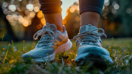 The image shows a person standing on a grassy field, wearing running shoes and getting ready to run
