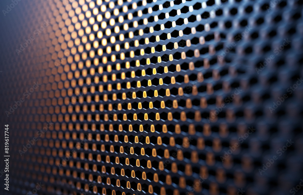 Poster close-up of perforated metal surface with selective focus and orange lighting, on a blurred backgrou