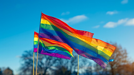 Rainbow flags waving against a clear blue sky