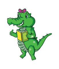cute female crocodile cartoon illustration design carrying a book and giving a thumbs up