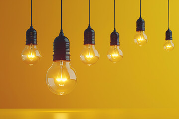 Light bulbs hang against a yellow background, representing ideas and creativity.