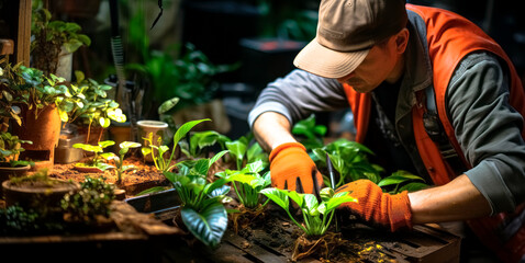 A person with gloves working with plants, warm light highlights the activity, a concept of gardening in a dark interior. Generative AI