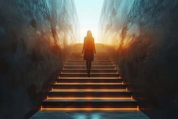 Back view of backlit businesswoman walking on stairs towards bright opening in dark wall. Success, way out, exit and solution concept
