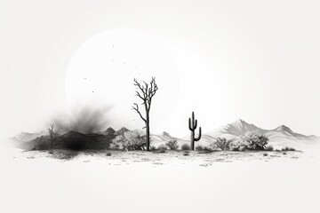 Minimalist black and white desert landscape illustration with mountains, cacti, and leafless trees under a large sun. Stark and serene artistry.