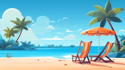 Fototapeta premium Scenic beach with two lounge chairs and palm trees under a sunny sky, perfect for relaxation and a tropical getaway.