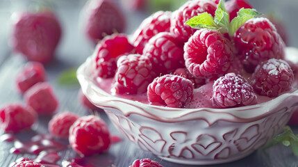 Fresh raspberries with powdered sugar. A bowl of fresh raspberries sprinkled with powdered sugar,...