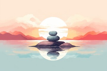 Serene sunset over tranquil water with stacked stones reflecting in the calm lake, surrounded by peaceful mountains and colorful sky.