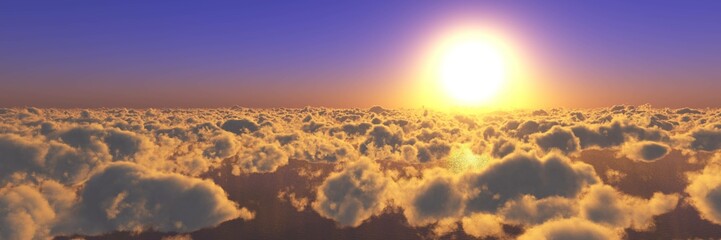 Fototapeta premium Beautiful sunrise or sunset over clouds panorama, 3D rendering