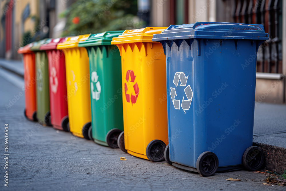 Poster row of colorful trash containers on the street extreme closeup. generative ai