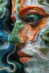 Female Face Made from Topographic Maps and Map Contour Lines extreme closeup. Generative AI