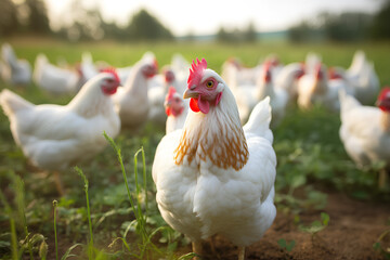 many chickens on green pastures. Selective acuity. Some chickens are out of focus in the background