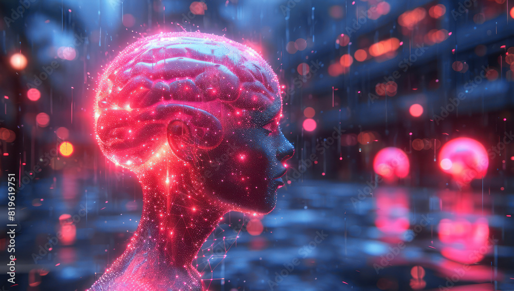 Poster AI Head with a Neuroma Hologram on a Computer Circuit Board extreme closeup. Generative AI