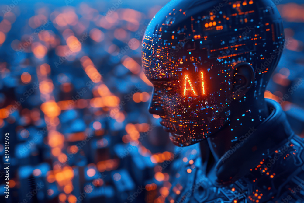 Poster AI Head with a Neuroma Hologram on a Computer Circuit Board extreme closeup. Generative AI