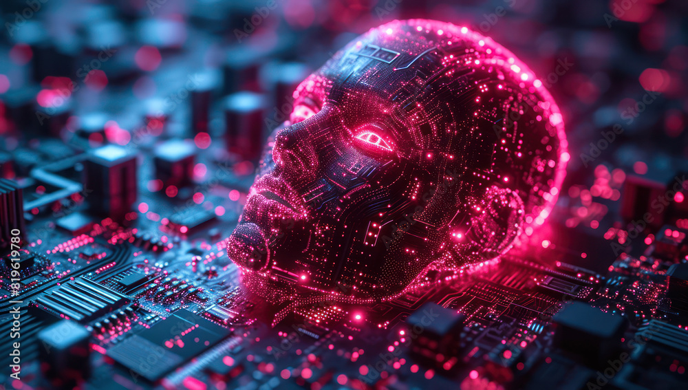 Poster AI Head with a Neuroma Hologram on a Computer Circuit Board extreme closeup. Generative AI
