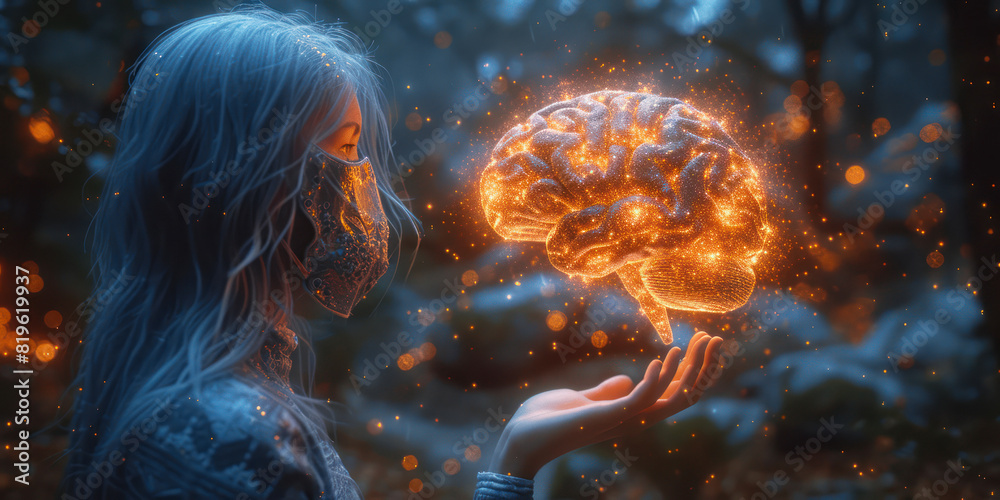 Poster glowing artificial intelligence brain in the hands of a female engineer extreme closeup. generative 