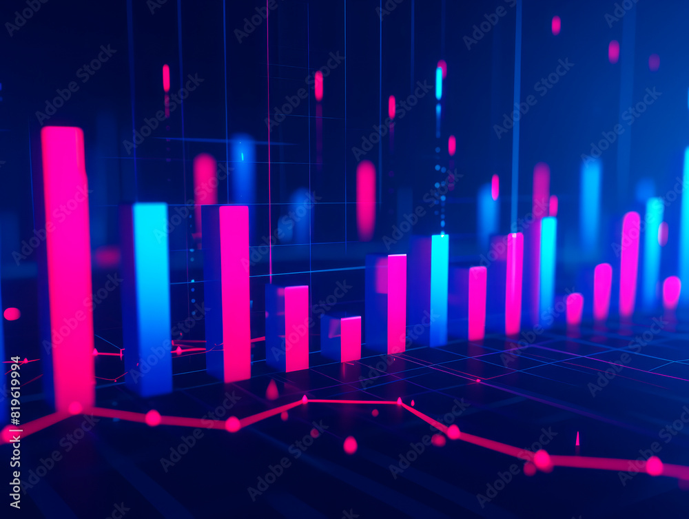 Poster A digital bar graph with glowing pink and blue bars on a dark background, representing a concept of data analysis. Generative AI