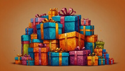 illustration of a pile of colorful gifts of various sizes made by AI generative