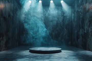 Front view dark Smokey garage interior with spotlight and round pedestal on concrete floor, product presentation background and empty stage concept. 3D Rendering, mockup