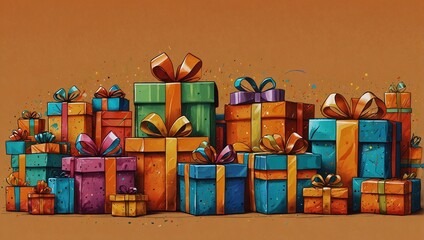 illustration of a pile of colorful gifts of various sizes made by AI generative