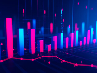 A digital bar graph with glowing pink and blue bars on a dark background, representing a concept of data analysis. Generative AI