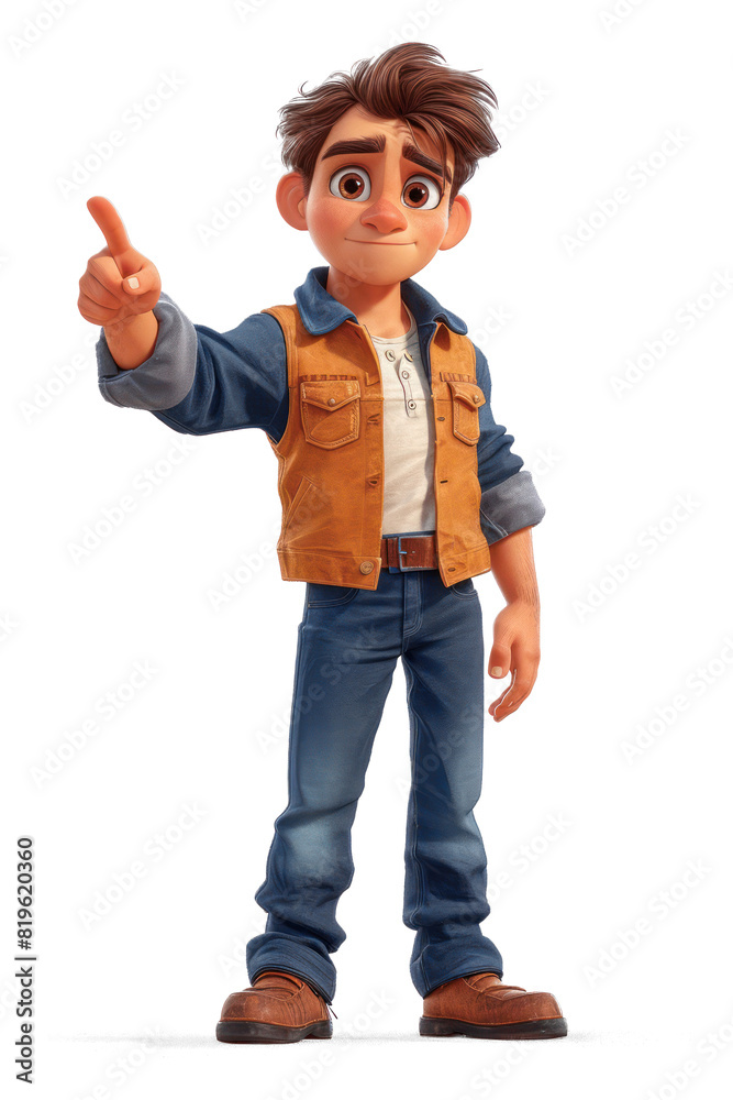 Poster cartoon man points a finger at an empty place extreme closeup. generative ai