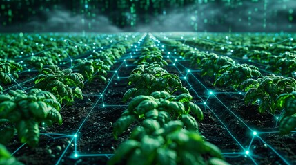 A futuristic farm with digital technology showcasing data networks integrated with crop rows for advanced agricultural innovation.