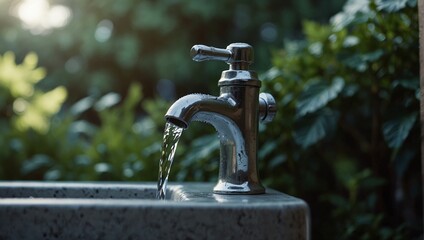 photo of a tap with running water in the garden made by AI generative