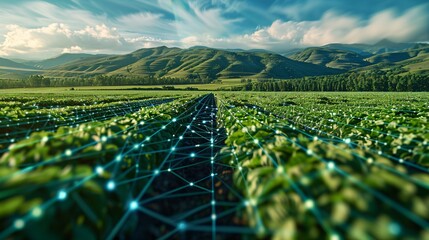 A high-tech agricultural field with digital networks and mountainous landscape under a blue sky with white clouds.
