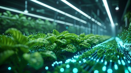 Close-up of lush green plants illuminated by blue LED lights in a futuristic indoor farming facility, ensuring sustainable agriculture.