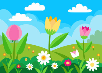 Fototapeta na wymiar Cartoon flowers in green grass border landscape vector illustration 