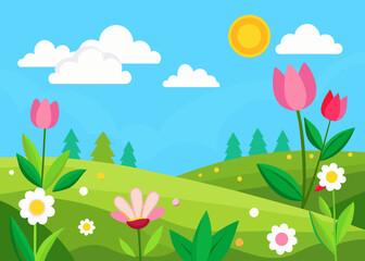 Cartoon flowers in green grass border landscape  vector illustration 