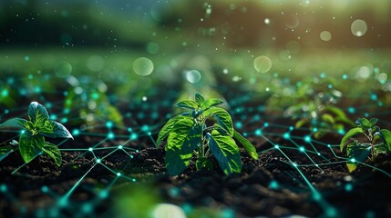 Digital representation of advanced agriculture technology, featuring interconnected plants and data...