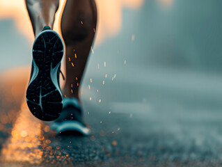 Close-up of a running shoe in action against a blurred blue background, highlighting the concept of speed and sports enthusiasm. Generative AI