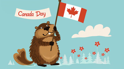 copy space, vector illustration, beaver holding canadian flag, text " Canada Day". Beautiful design for Canada day, banner, background, mockup.