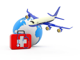 3d illustration Medical tourism concept with Aeroplane and Medical Kit Box. Global Medical Tourism Concept on white background
