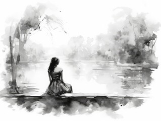 Obraz premium Woman sitting by a lake in a serene watercolor painting with trees, reflecting tranquility and solitude.