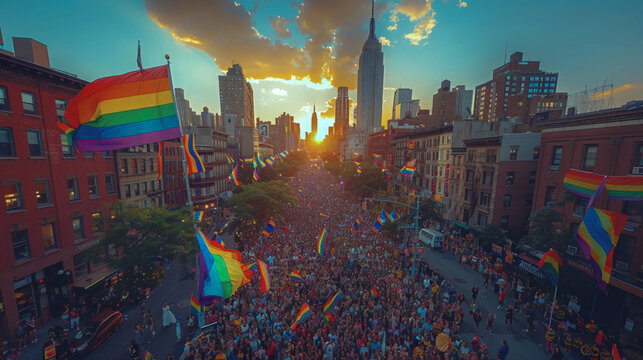 Pride parade with rainbow flags, symbolizing equality and acceptance for the LGBTQ+ community.