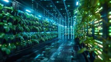 Futuristic indoor hydroponic farm with green plants illuminated by vibrant neon lights, showcasing advanced agricultural technology.