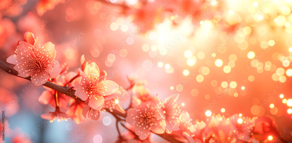 Poster cherry blossoms close-up with bokeh lights on a warm-toned background, conveying the concept of spri