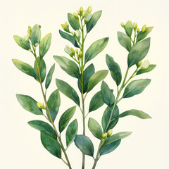 Green leaves and yellow buds painted in watercolor style on white background.